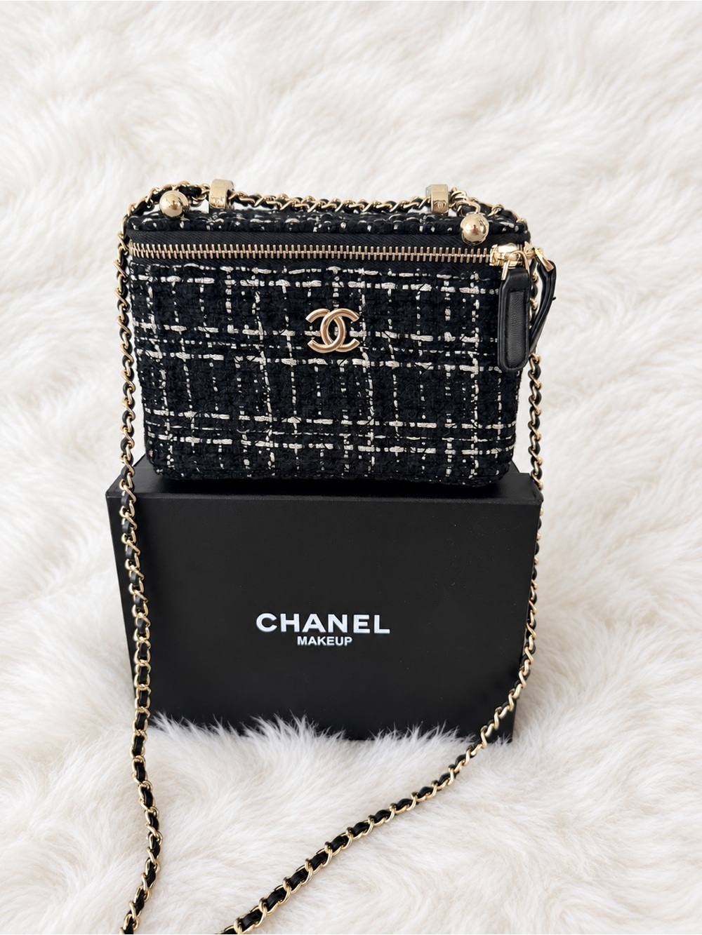 CC Make UP Bag - Black & White Tweed Crossbody with Gold Chain